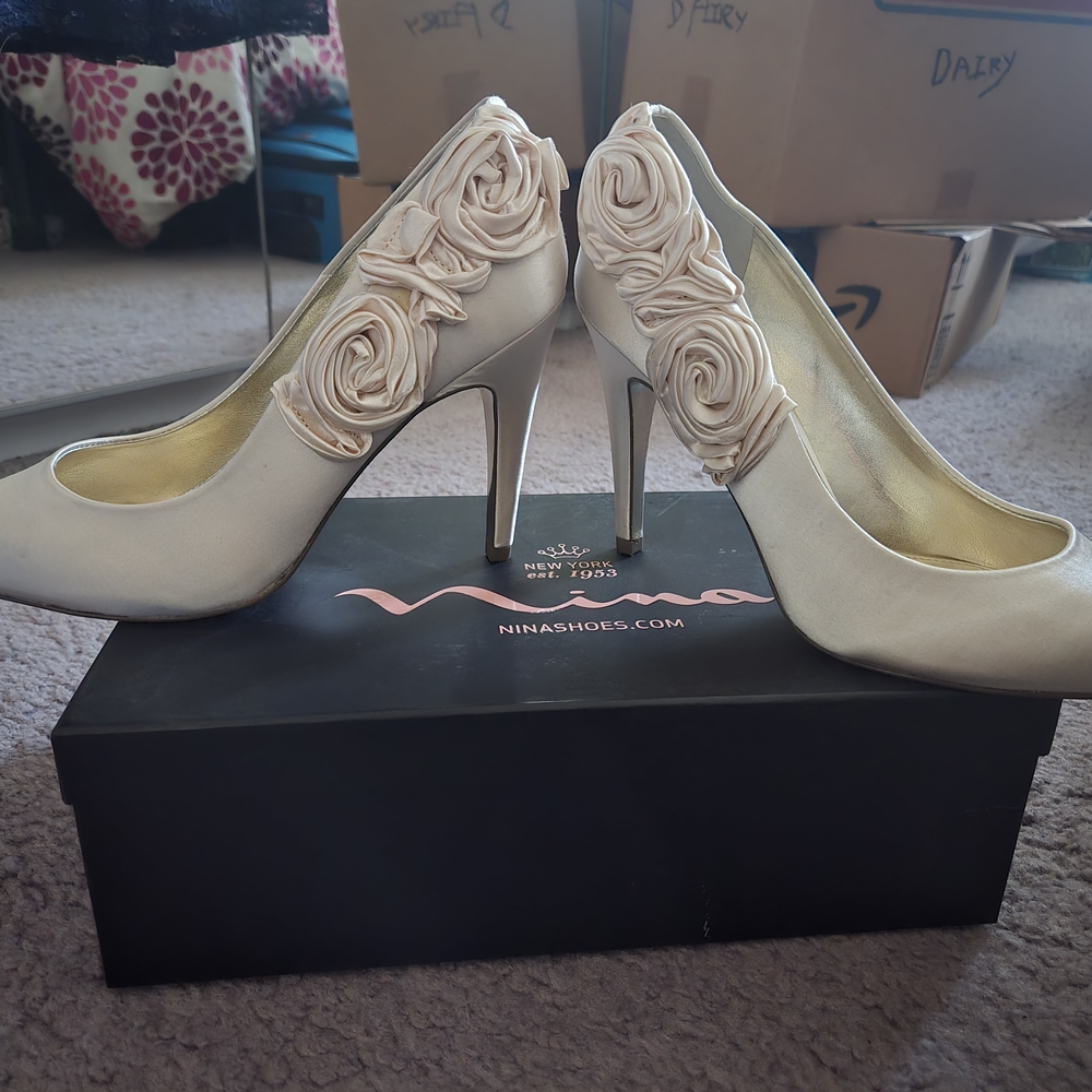 Nina Women's Ivory Satin Flower-Embellished High Heels